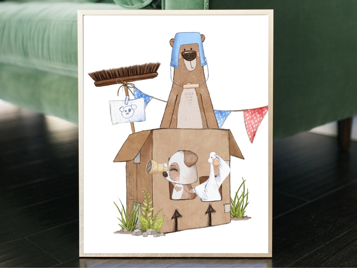 Bear In Cardboard Box With Puppy And Duck Play Watercolor Poster - Image 3