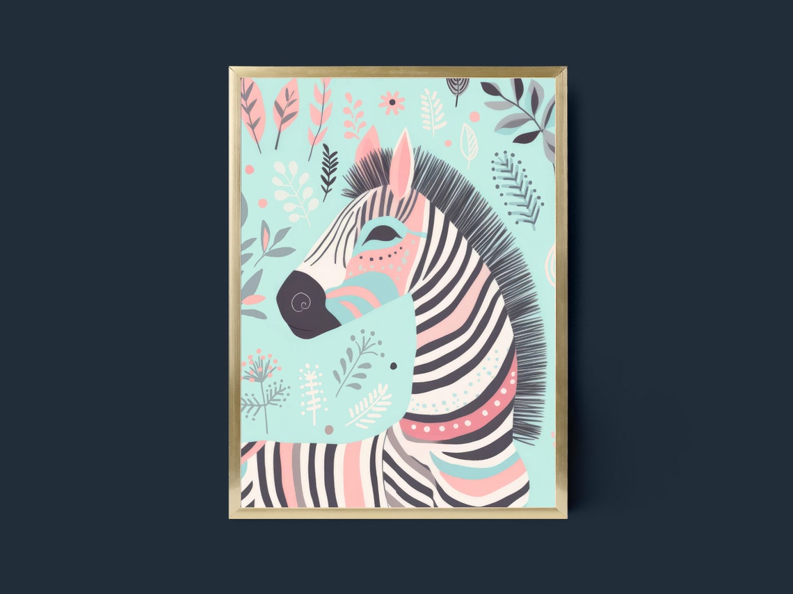 Boho Zebra Portrait Pastel Tropical Nursery Animal Art Poster - Image 3
