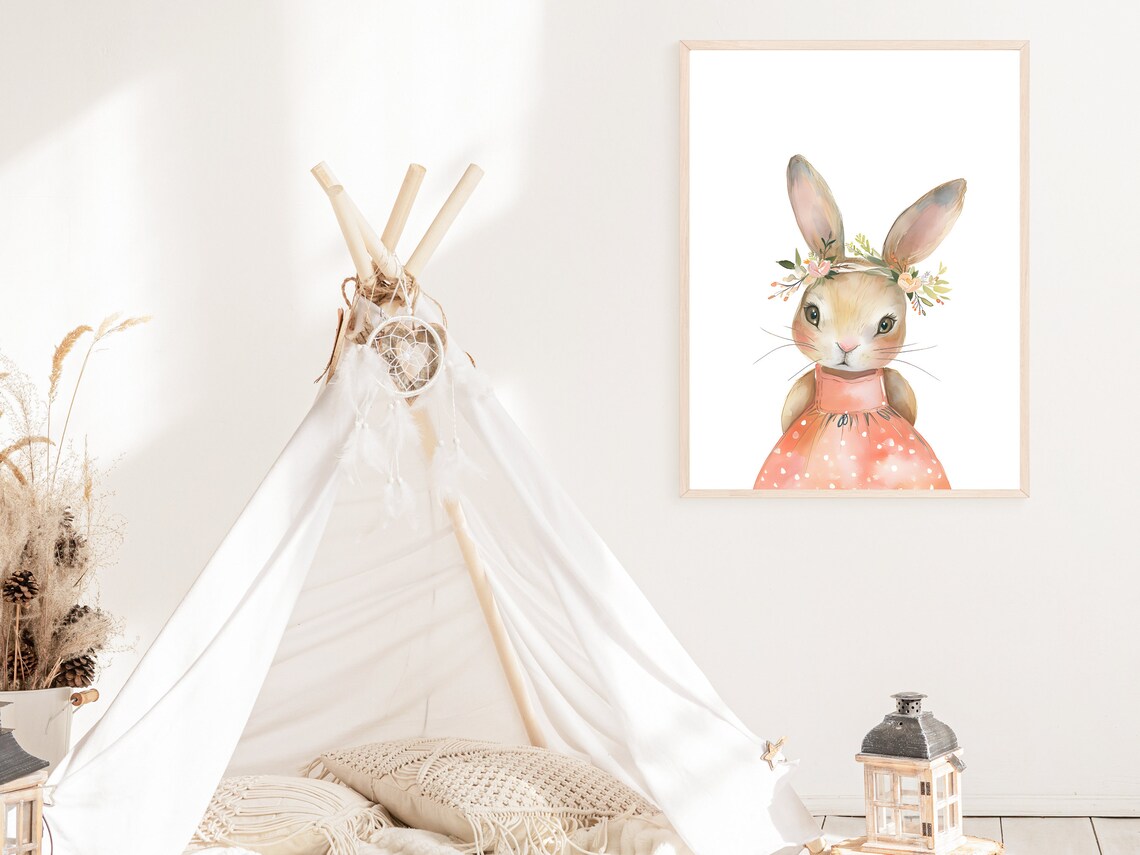 Bashful Bunny In Coral Dress With Flower Crown Watercolor Poster - Image 3