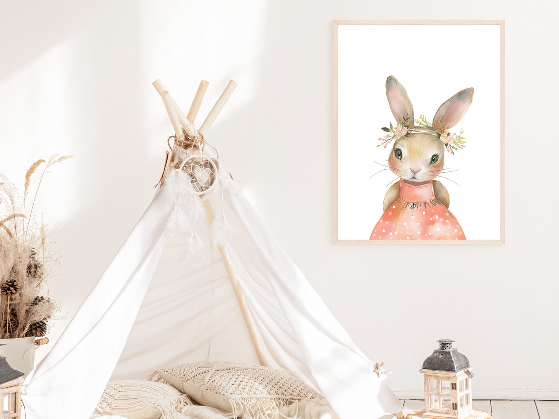 Bashful Bunny Rabbit Print Cute Bunny Wall Art Floral Crown Bunny Nursery Decor Easter Bunny Art Print Girls Room Art - Image 3