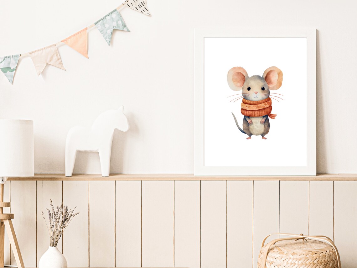 Cute Mouse Wearing Orange Knit Scarf Watercolor Winter Nursery Poster - Image 2