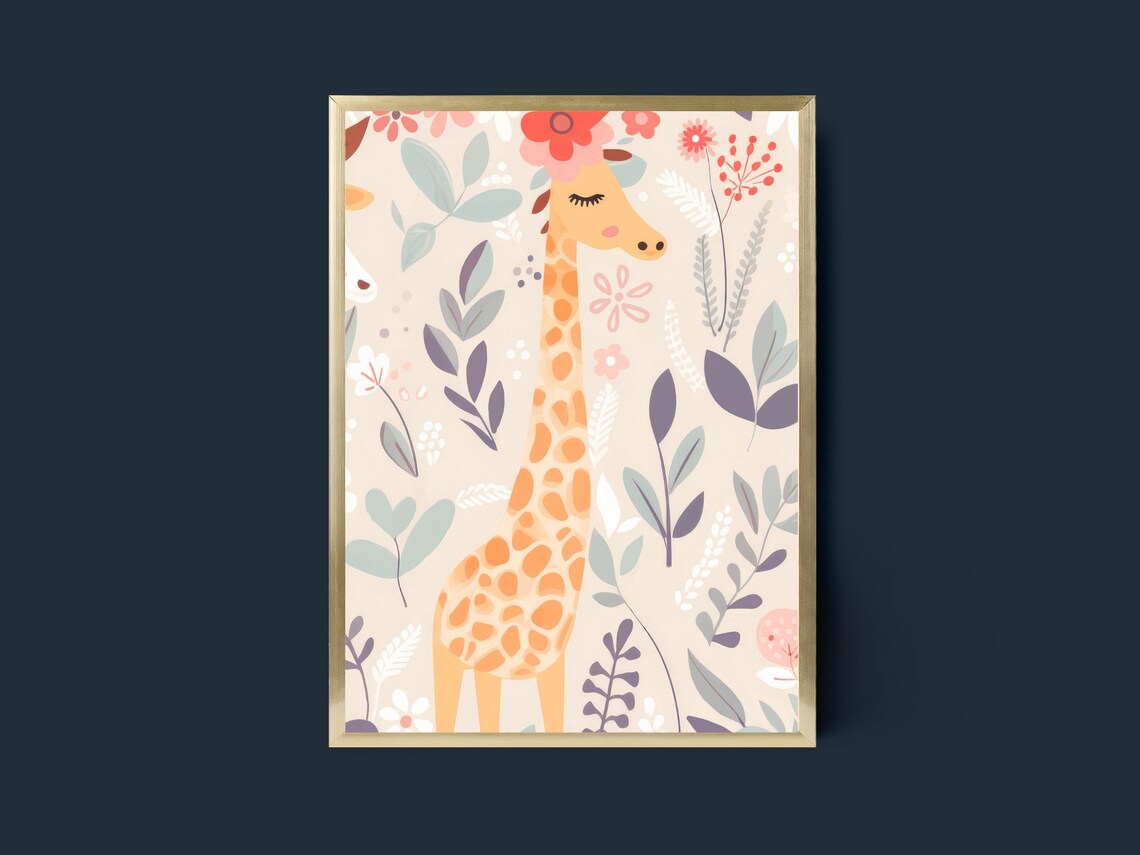 Boho Style Giraffe With Flower Crown Pastel Nursery Art Poster - Image 4