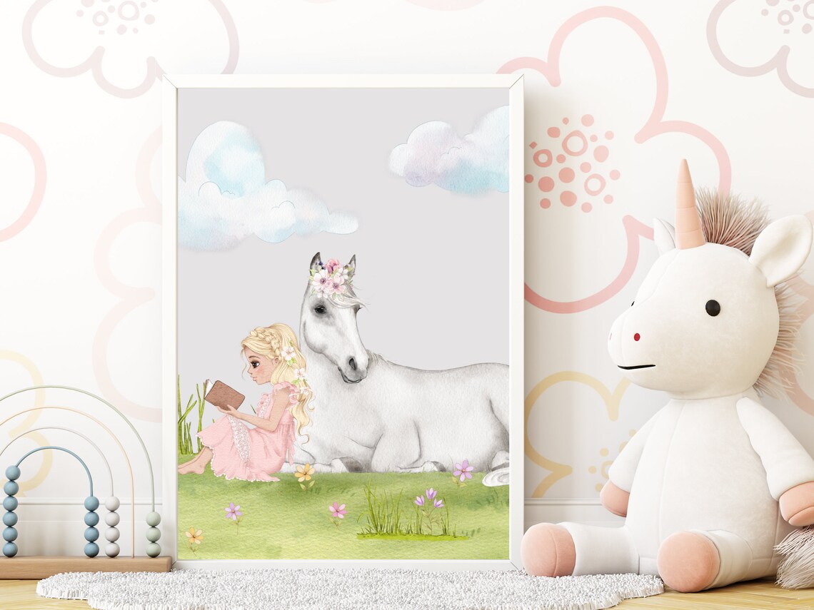 Blonde Girl Reading To White Horse Watercolor Princess Nursery Poster - Image 4