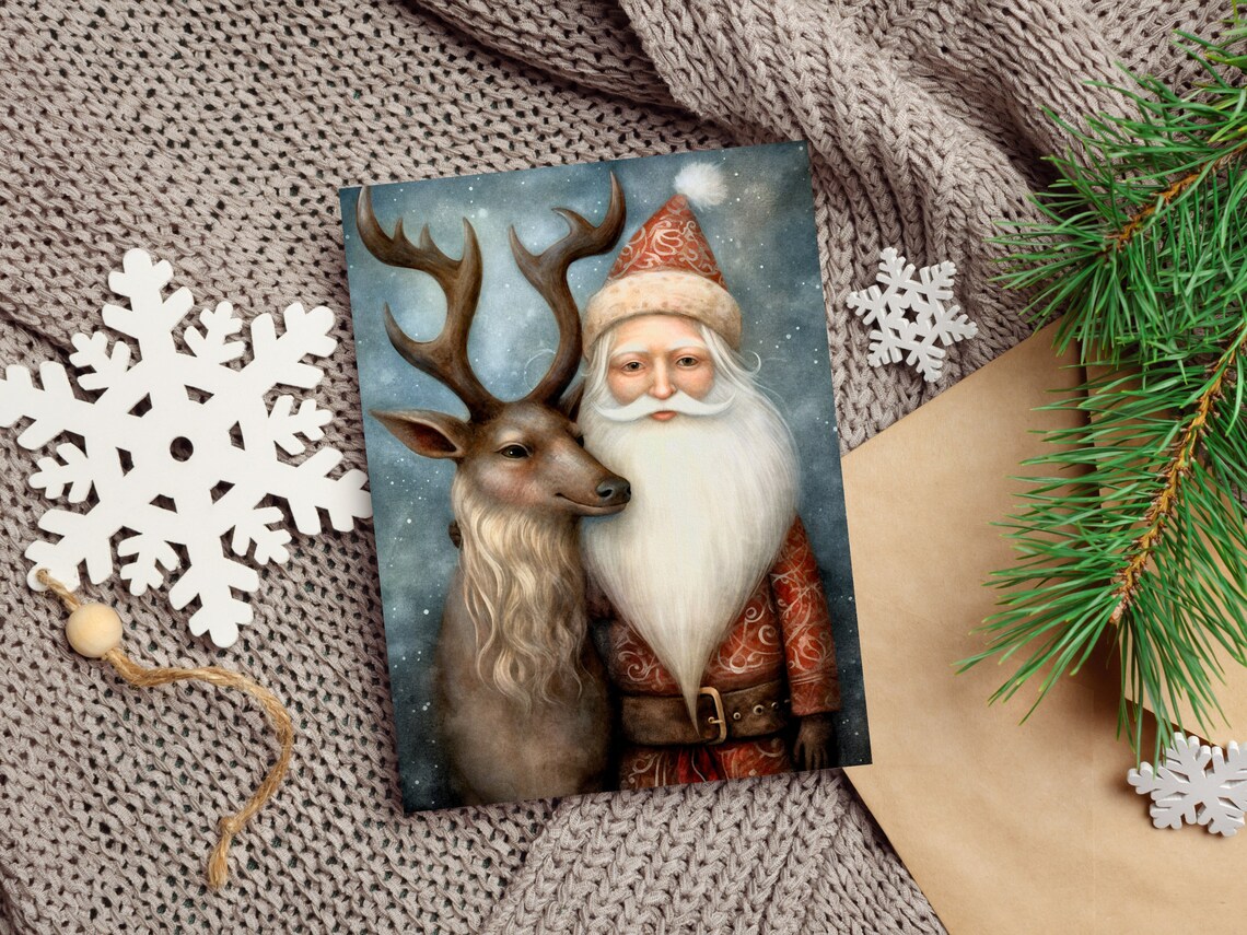 Santa And Reindeer Holiday Decor Christmas Art For Living Room Cozy Winter Art Christmas Art For Kids Room Or Nursery - Image 4