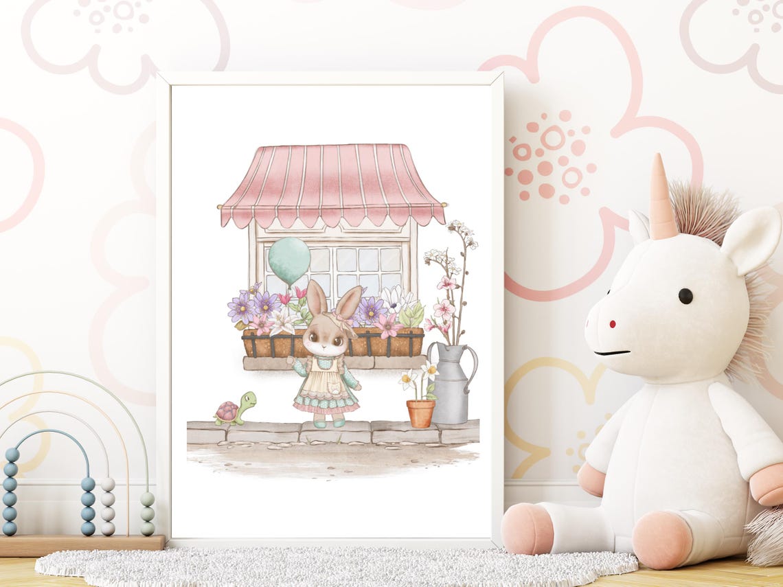 Flower Shop Girls Room Watercolor Bunny Print Fairytale Village Nursery Art Storybook Style Flower Shop Scene Girl Nursery - Image 4