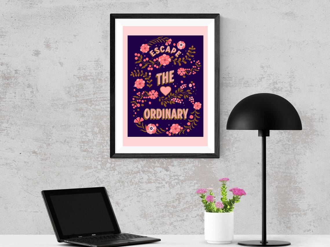 Escape the Ordinary Folk Floral Adventure Quote Poster in Navy - Image 3