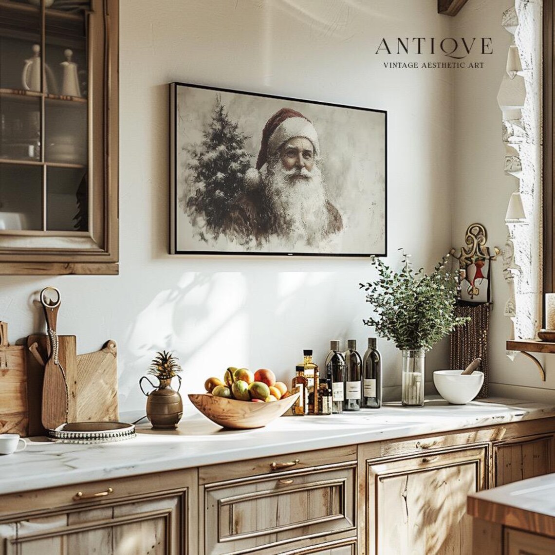 Santa Claus Portrait with Snowy Pine Neutral Holiday Sketch Wall Art