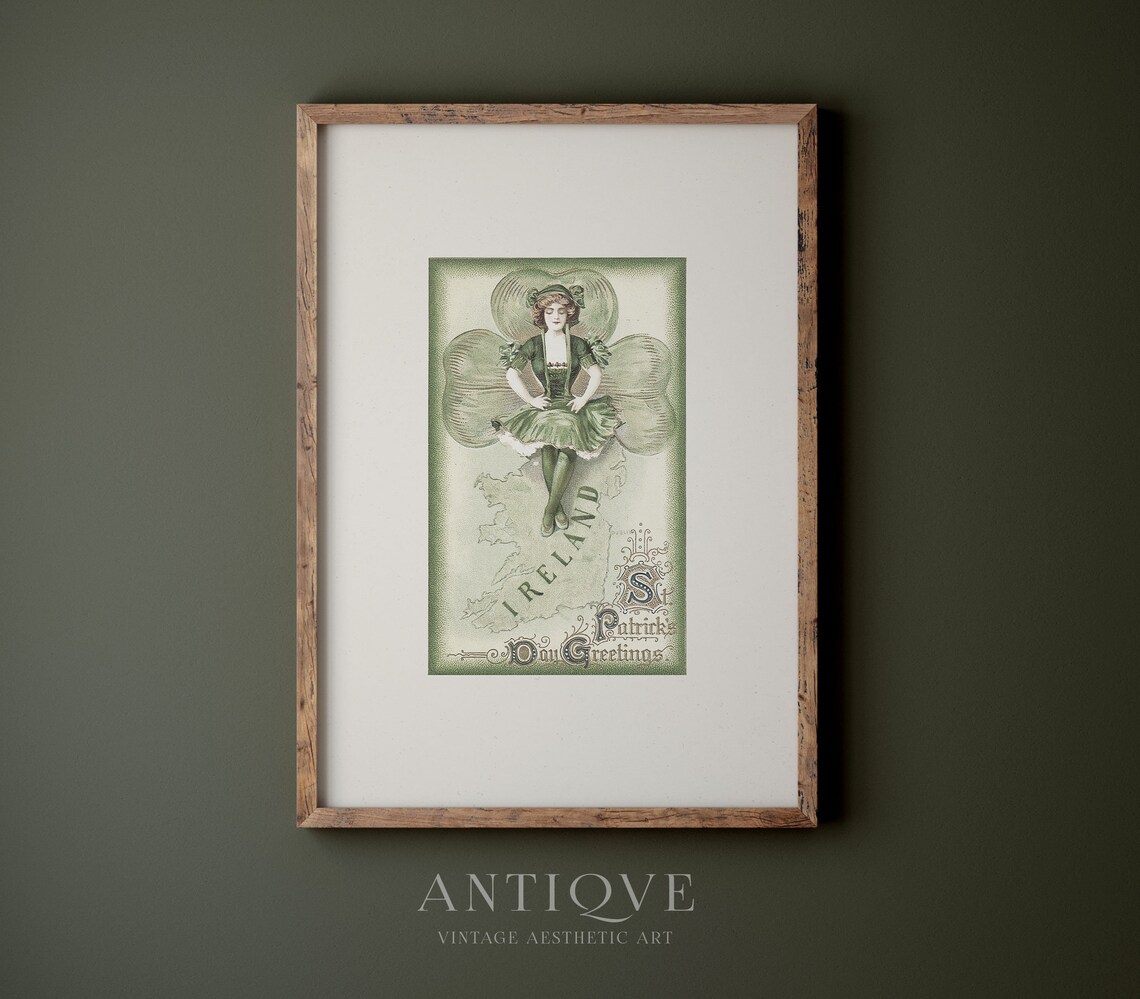 Vintage St Patrick's Day Greetings Shamrock Lady Ireland Map Poster - Image 4