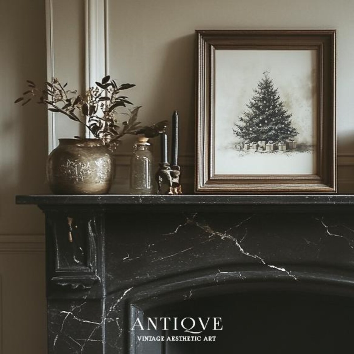 Neutral Christmas Tree Sketch with Ornaments Gifts Vintage Wall Art - Image 3