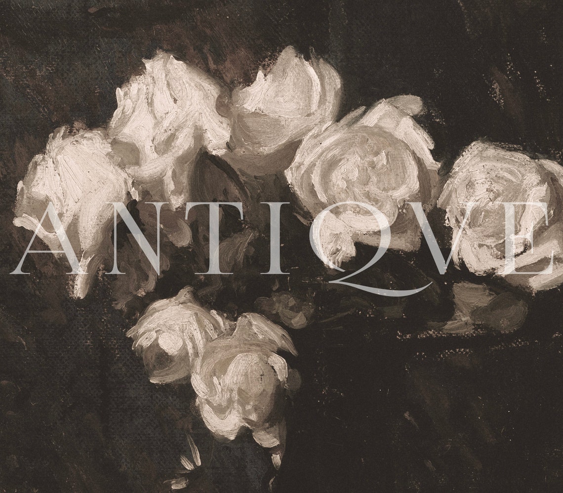 White Roses Dark Background Chiaroscuro Vintage Flower Print - Image 2