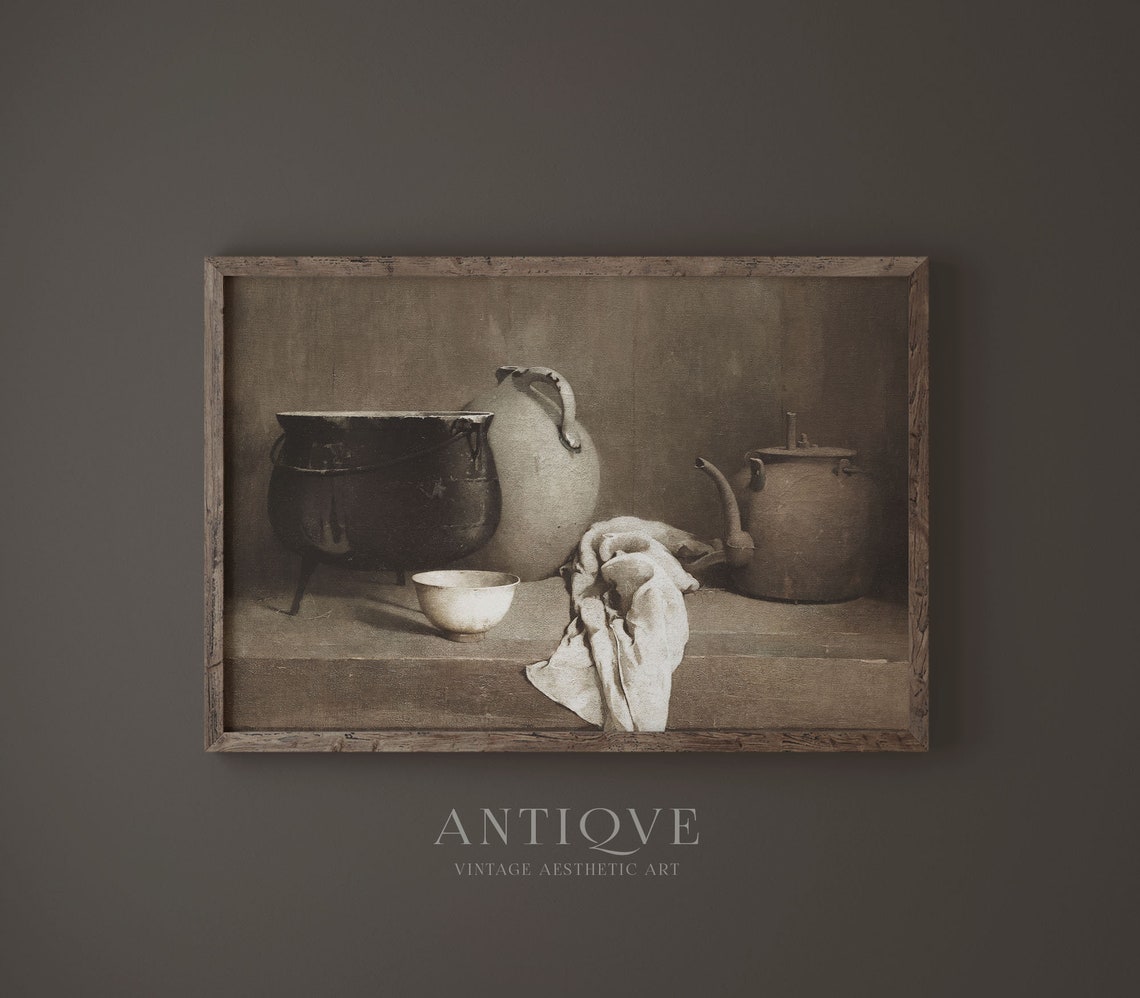 Antique Kettle Clay Jug Dark Kitchen Vintage Still Life Print - Image 2
