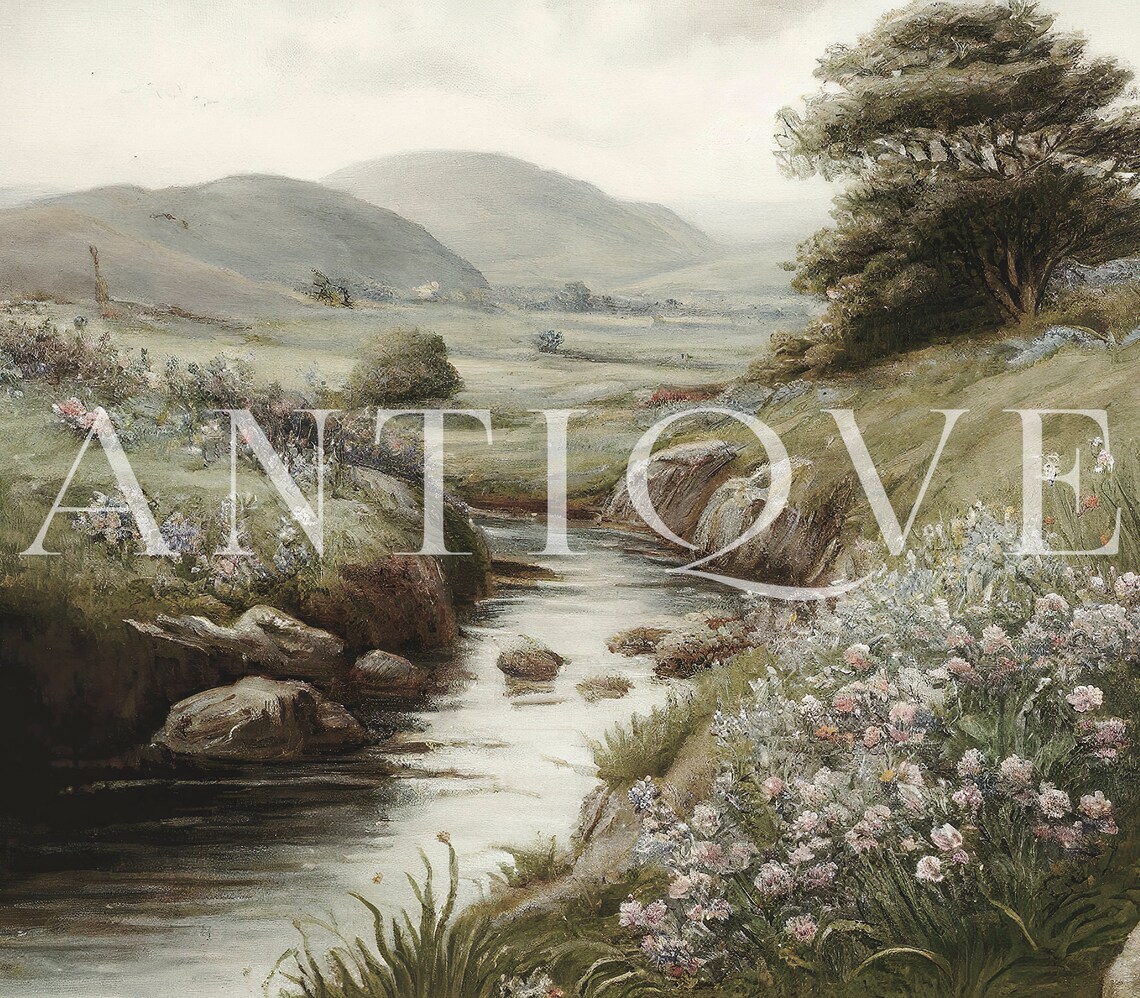 Irish Landscape Painting Stream With Flowers Art Print - Image 3