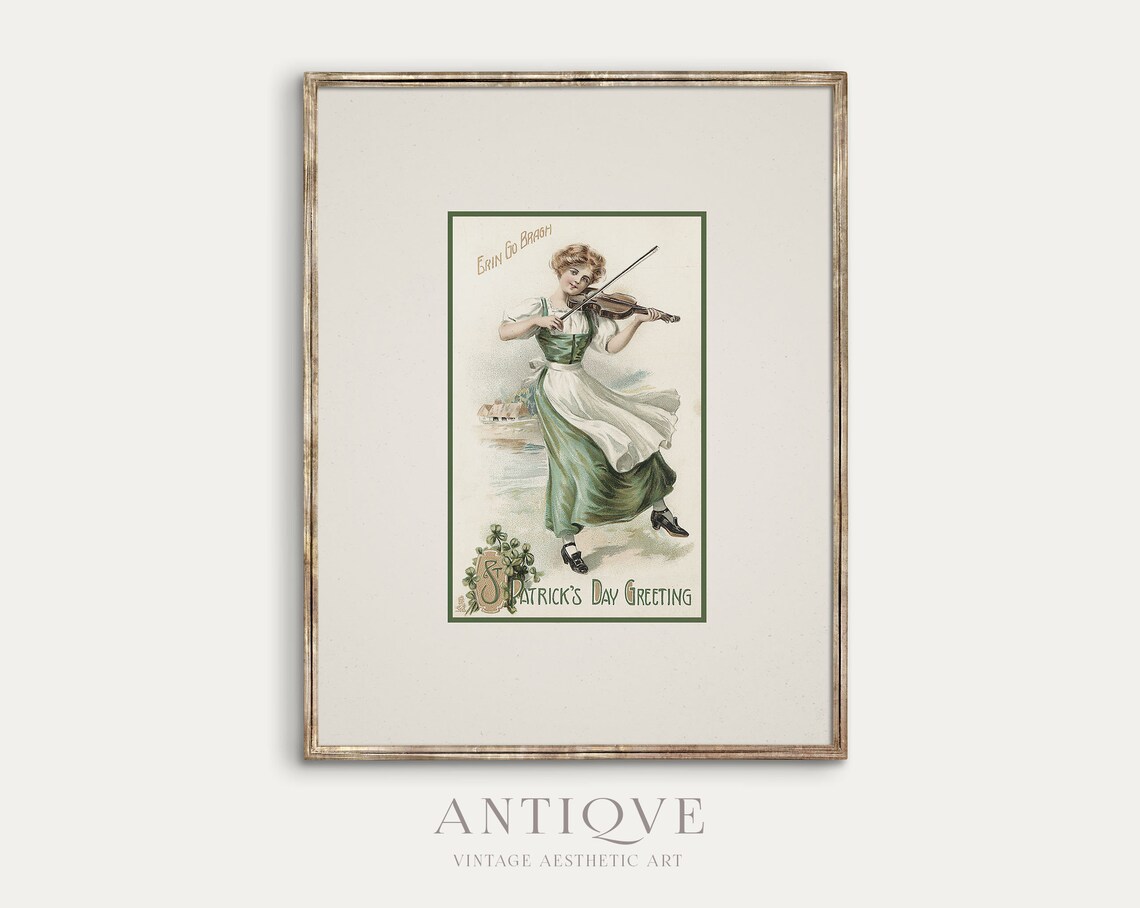 Vintage St Patricks Day Irish Woman Fiddle Sketch - Image 2