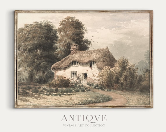 Vintage Cottage Watercolor Art Print, Farmhouse Style