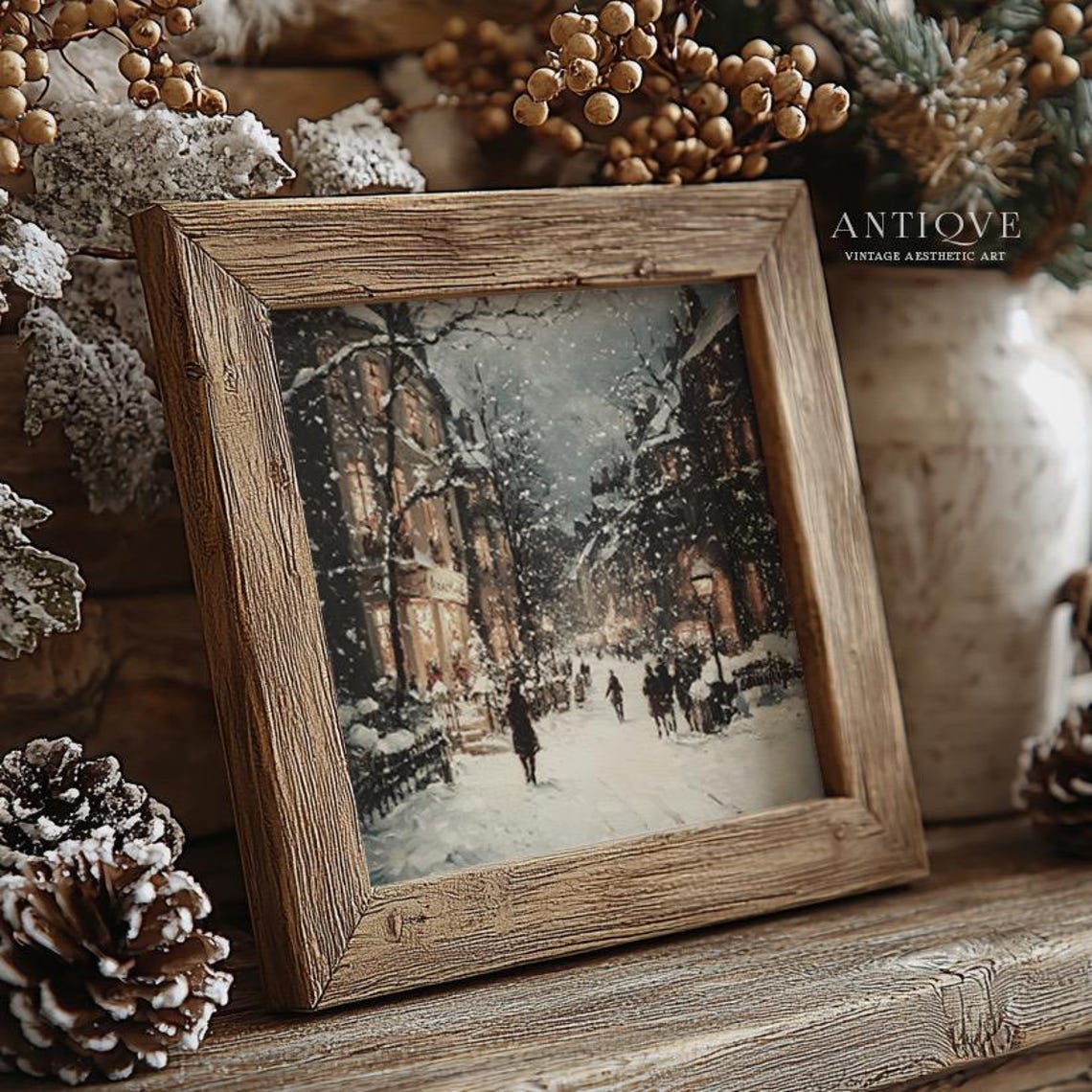 Cozy Snowy Village Street At Night Square Winter Painting Poster - Image 3