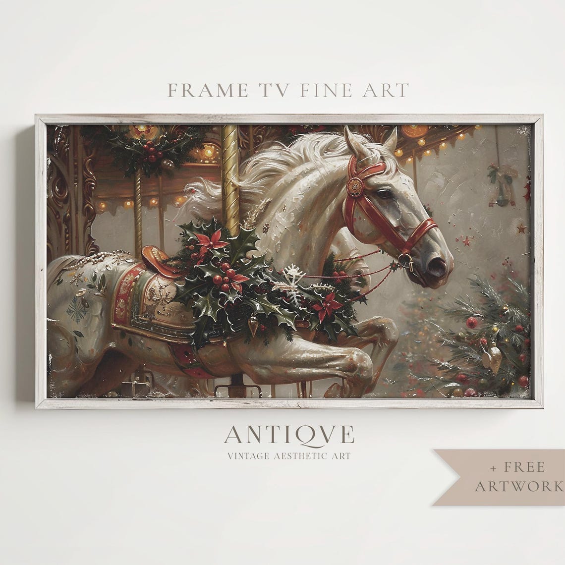 Carousel Horse Decorated with Holly Garland Festive Christmas Wall Art - Image 4