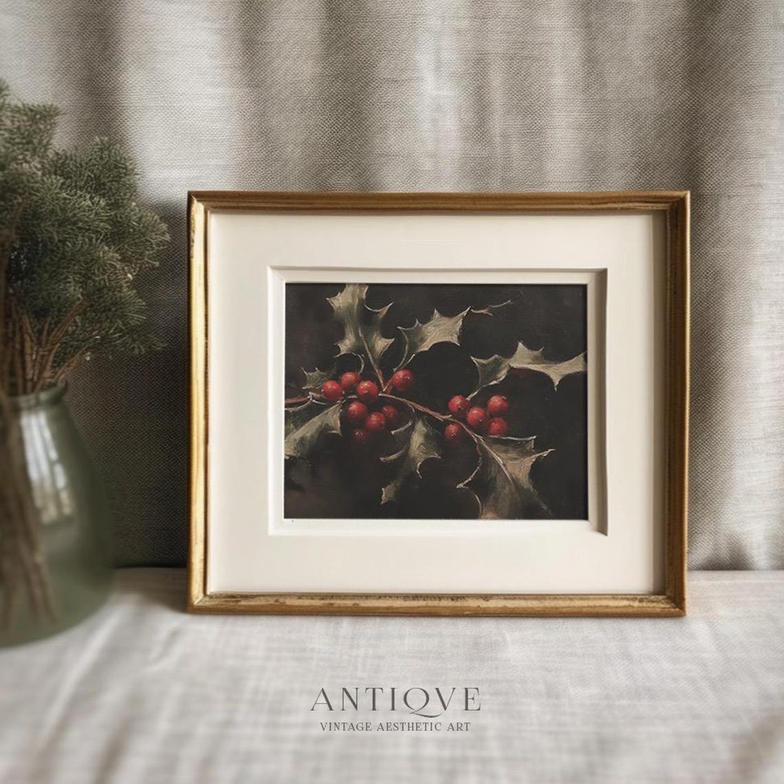 Holly And Berries Moody Oil Painting Rustic Christmas Decor Print - Image 3