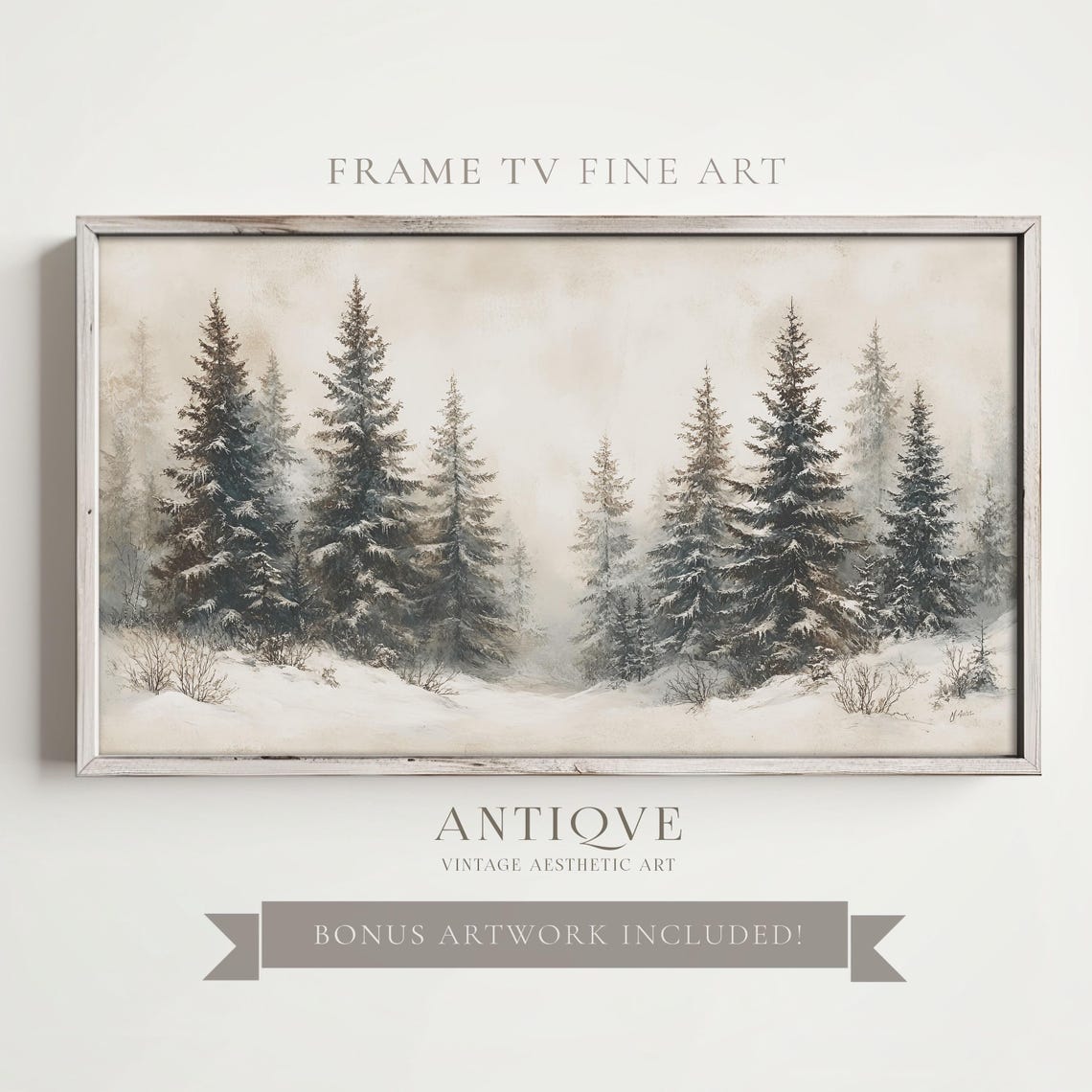 Misty Evergreen Forest with Snow Soft Sage Winter Landscape Wall Art