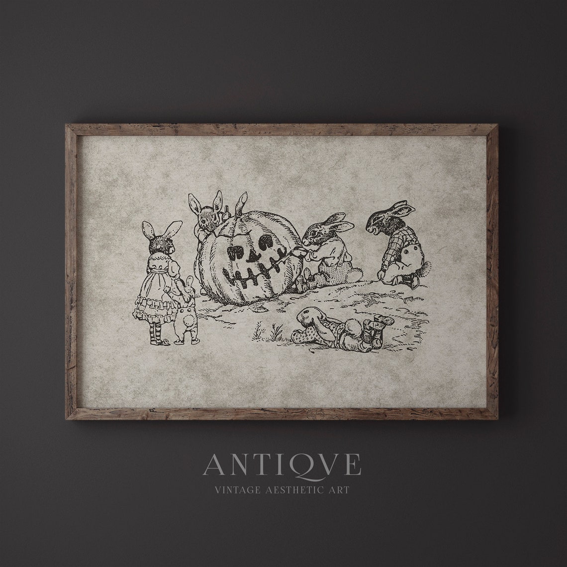Vintage Rabbits Carving Pumpkin Halloween Storybook Engraving Print - Image 3