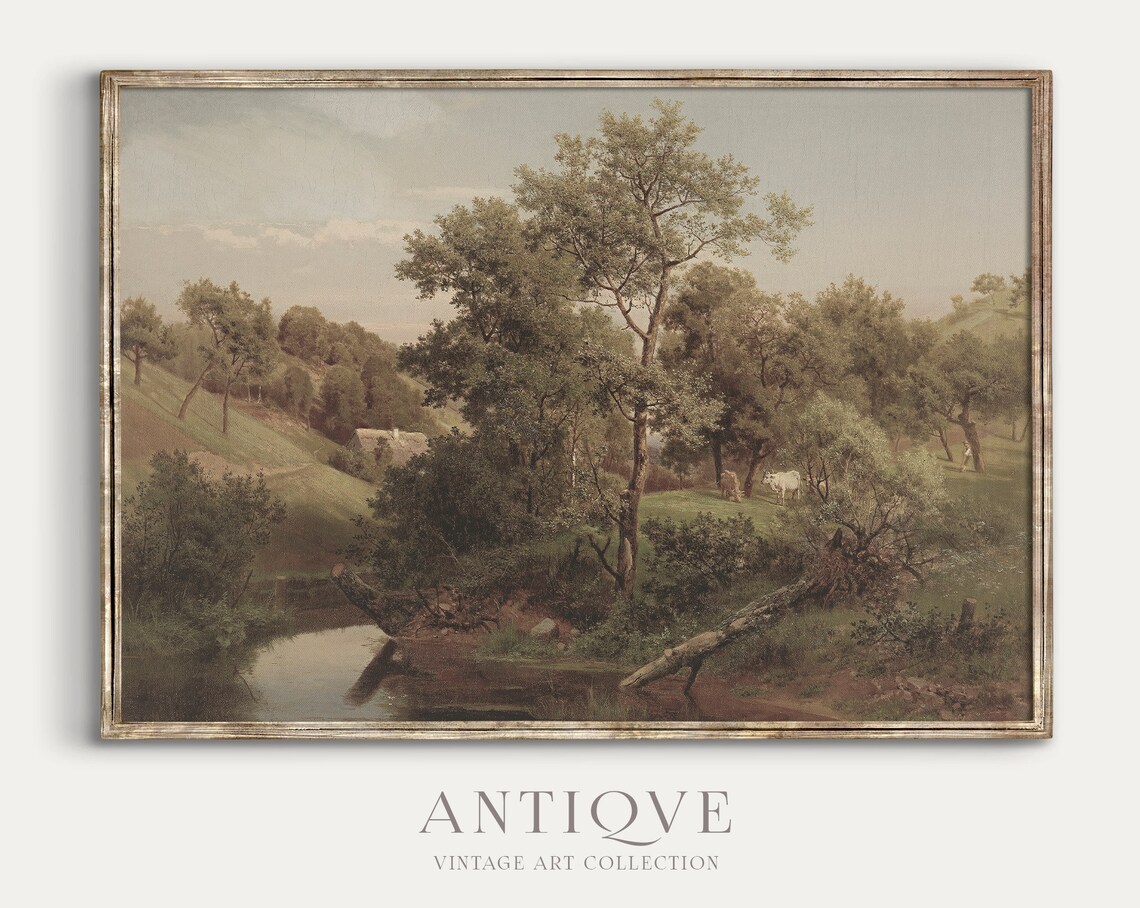 Vintage River Lanscape Antique Oil Painting