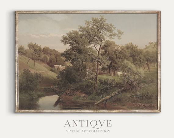 Vintage River Lanscape Antique Oil Painting