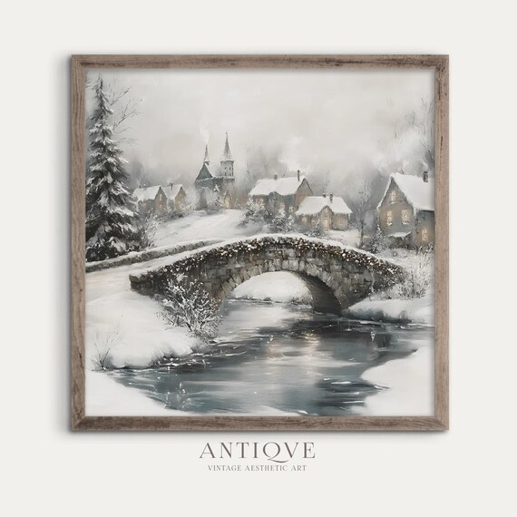 Snowy Stone Bridge Over River In Winter Village Landscape Poster