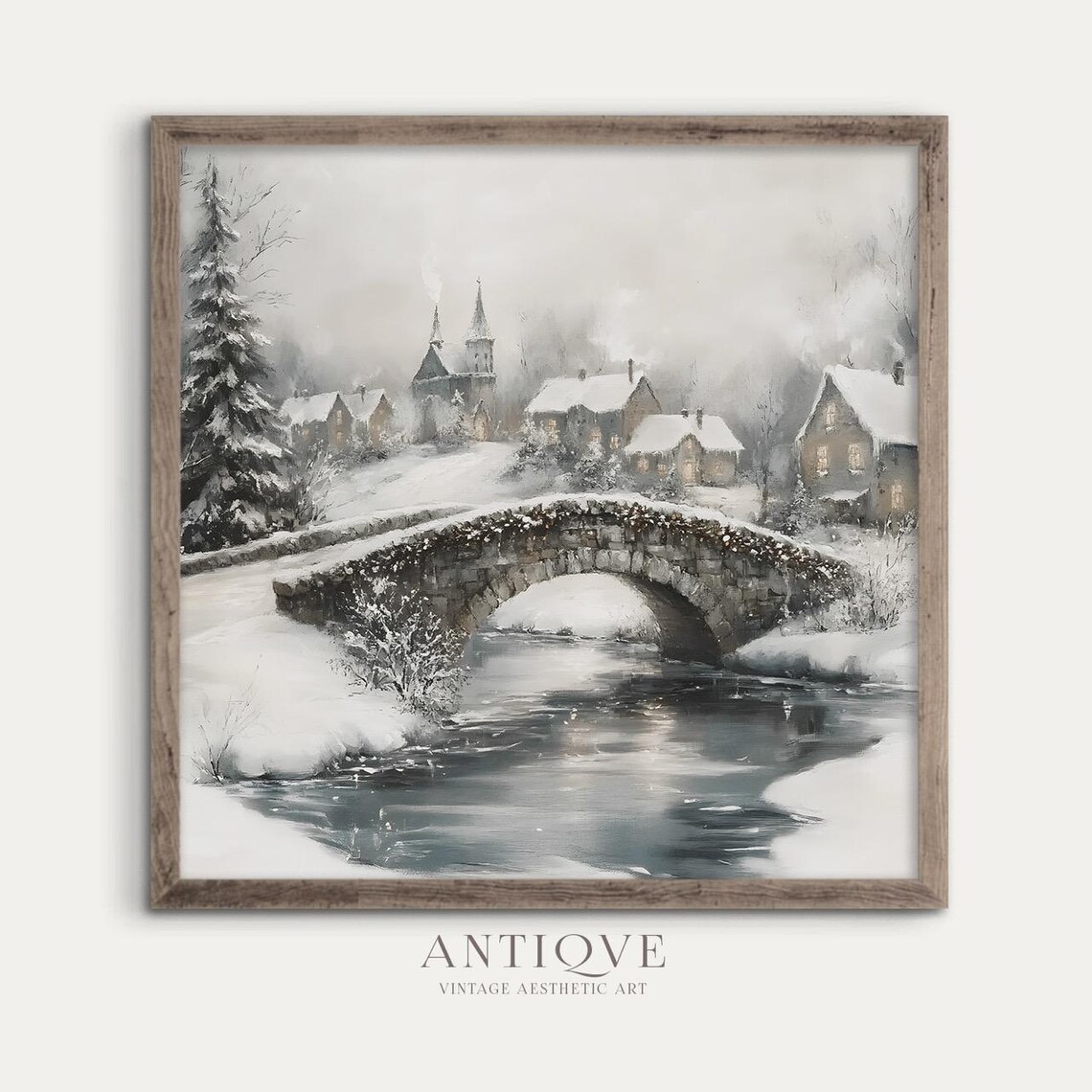 Snowy Stone Bridge Over River In Winter Village Landscape Poster