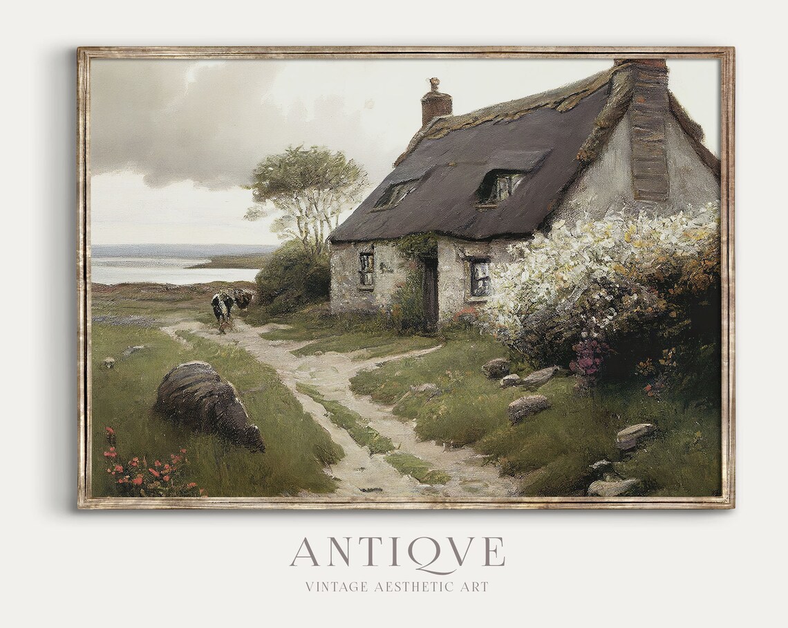 Irish Cottage By The Sea With Cows, Landscape Art Print
