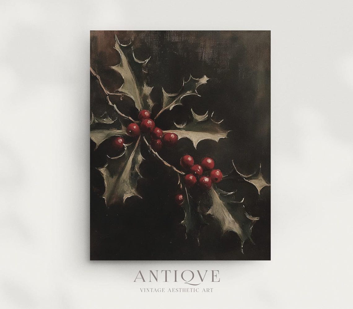 Holly Branch with Red Berries Moody Oil Painting Botanical Wall Art - Image 3
