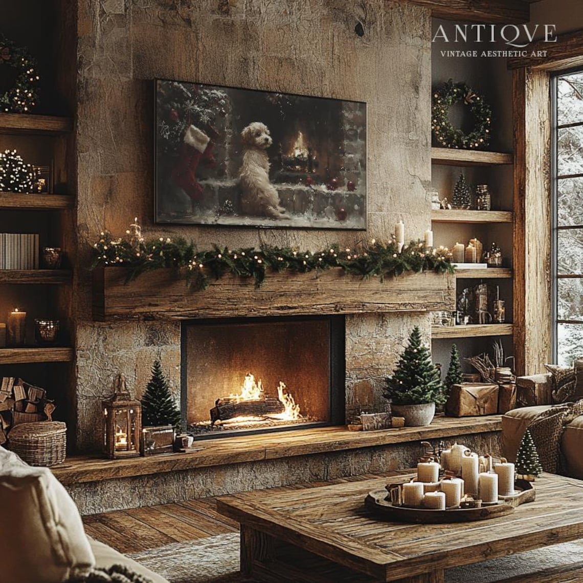 Dog By Fireplace Christmas Art Print, Cozy Holiday Decor - Image 2