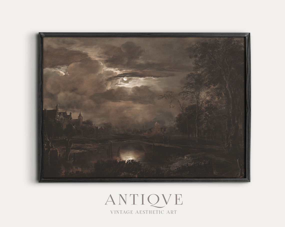 Moonlit River Night Landscape Dramatic Cloud Vintage Style Poster - Image 3