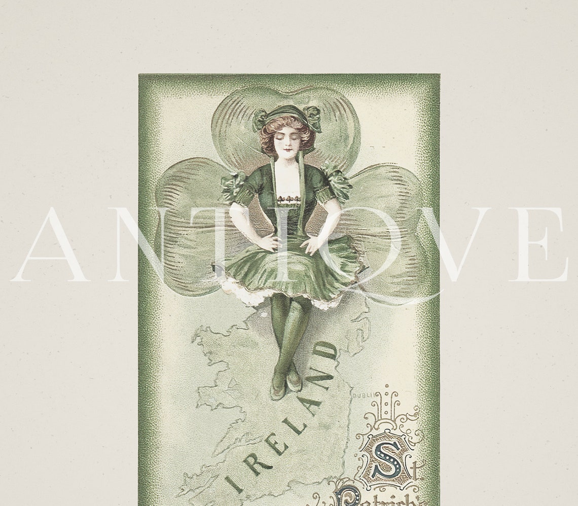 Vintage St Patrick's Day Greetings Shamrock Lady Ireland Map Poster - Image 3