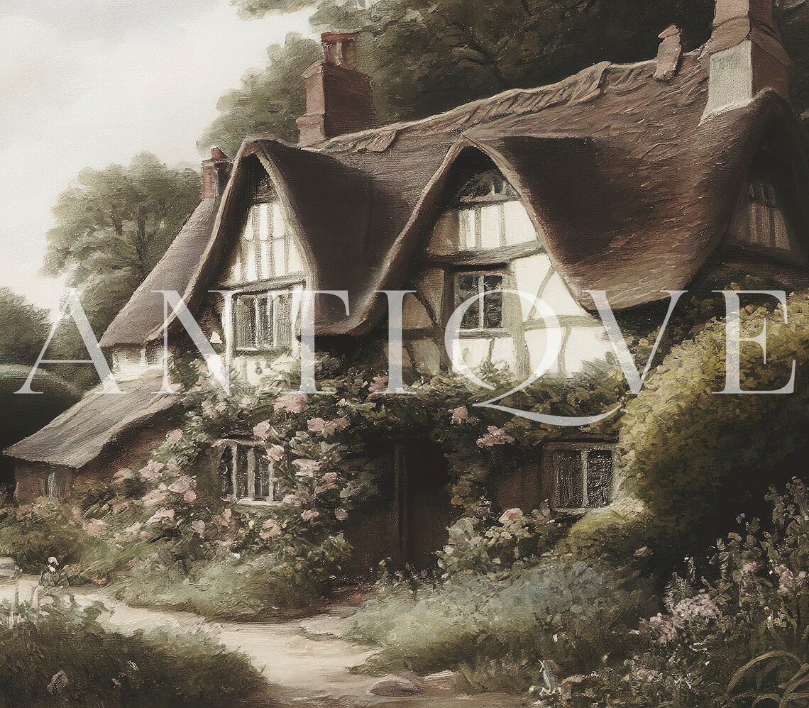 English Thatched Cottage With Roses Art Print - Image 3