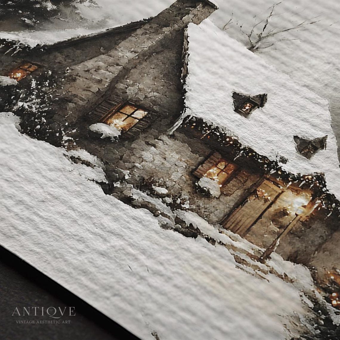 Snowy Stone Cottage With Glowing Christmas Tree Winter Night Poster - Image 3