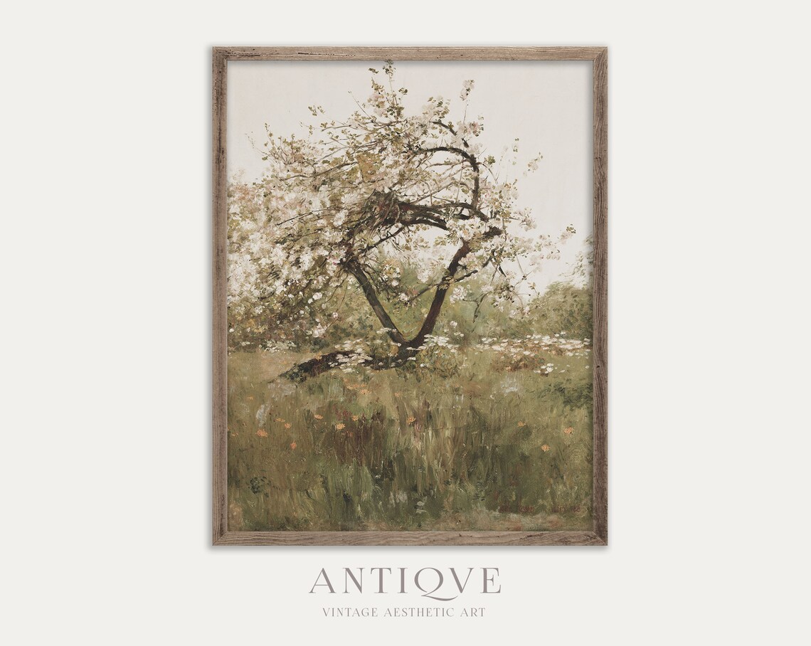 Spring Flowering Tree In Wildflower Meadow Soft Pastel Painting Poster