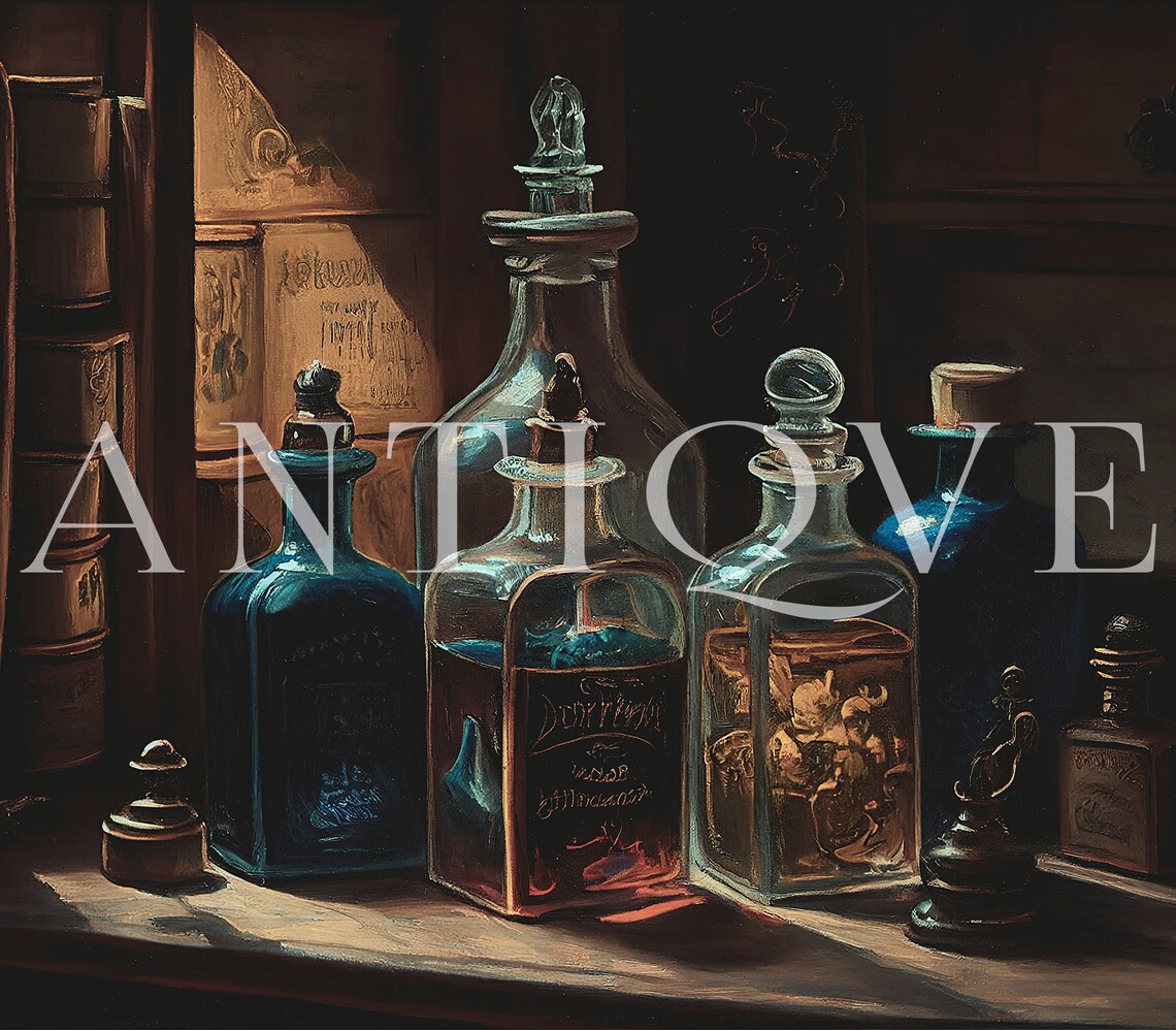 Dark Apothecary Glass Bottles Vintage Art Print - Image 3