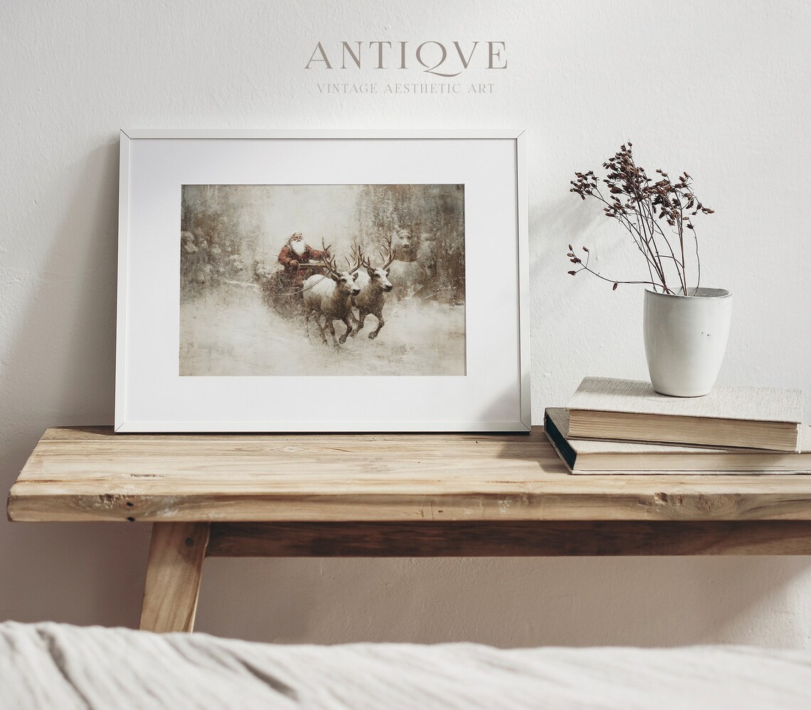Santa Claus On Sleigh Rustic Christmas Art Print - Image 4