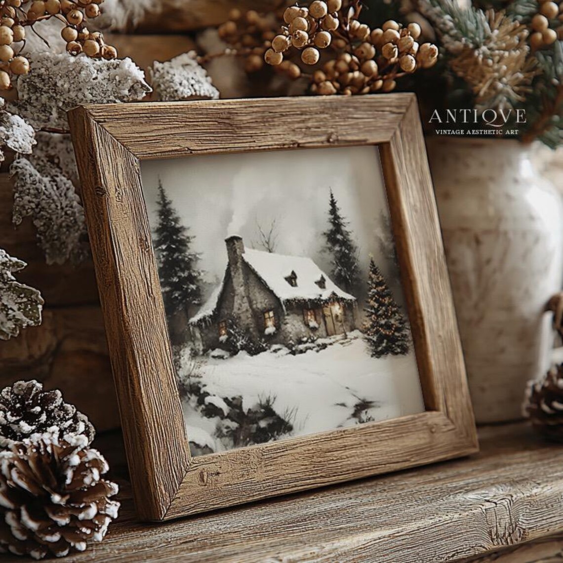 Snow Covered Stone Cottage With Lit Christmas Tree Square Art Poster - Image 4