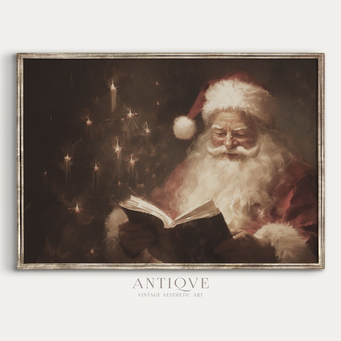 Santa Claus Reading Poster, Moody Vintage Christmas Decor