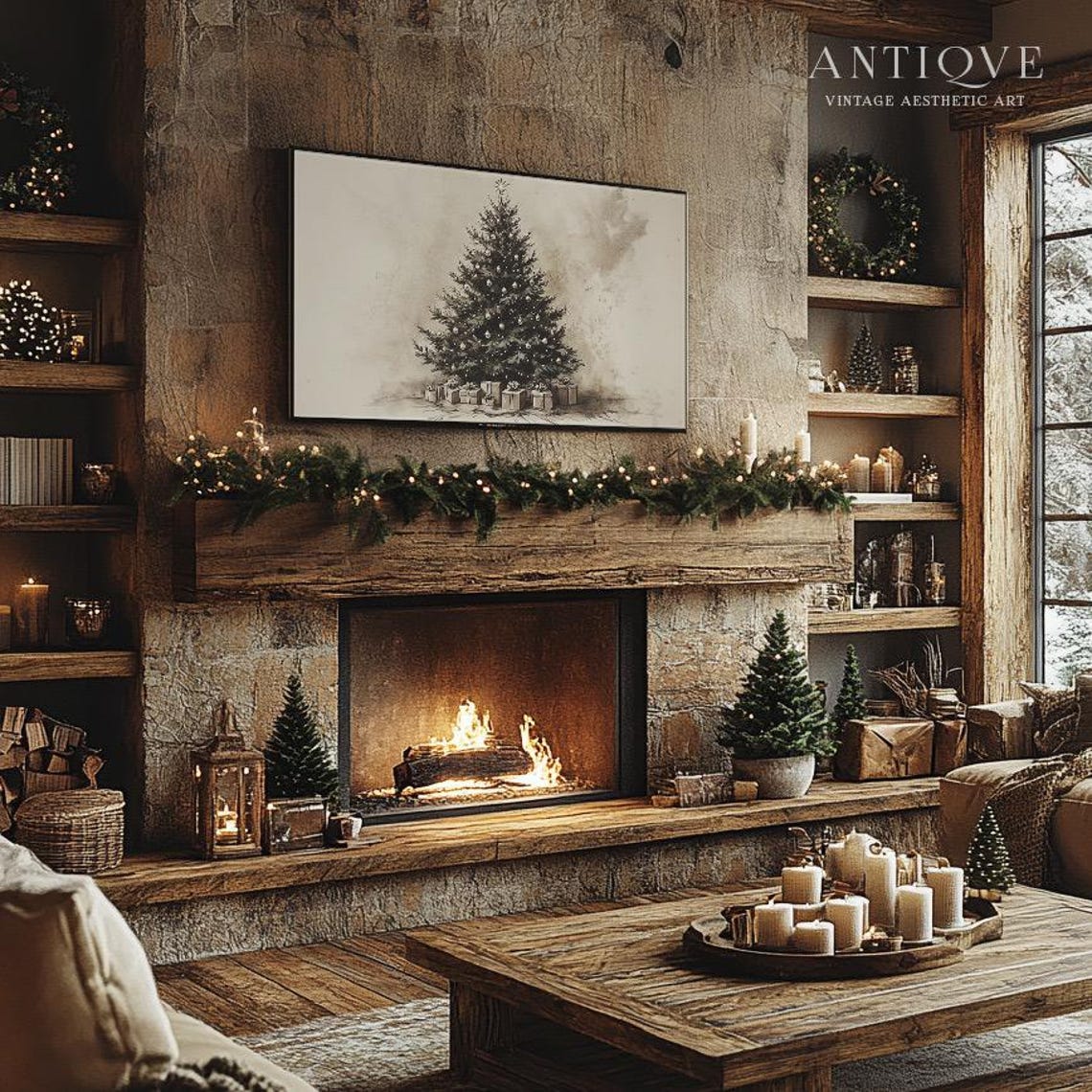 Christmas Tree Sketch with Gifts Underneath Neutral Beige Wall Art - Image 2
