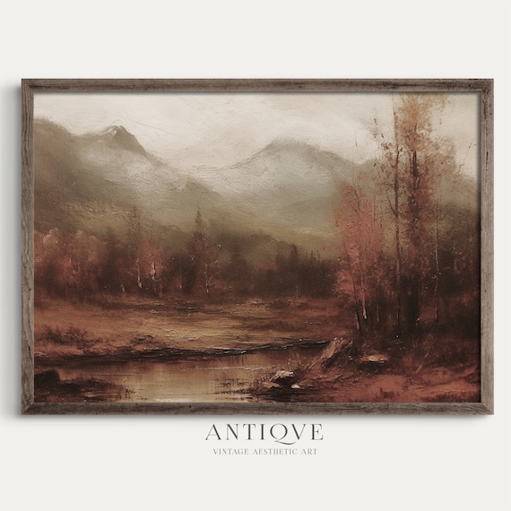 Autumn River Landscape with Fall Foliage Vintage Oil Painting Print