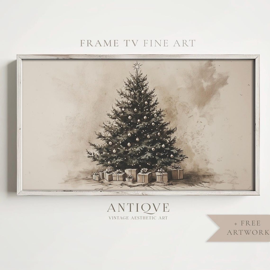 Christmas Tree Sketch with Gifts Underneath Neutral Beige Wall Art - Image 4