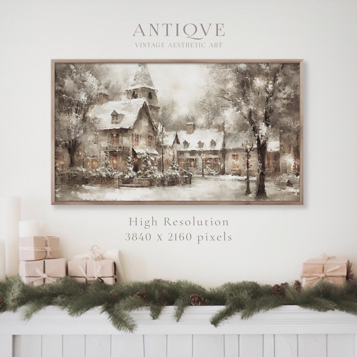 Snowy Christmas Village with Church Vintage Holiday Painting Print - Image 3