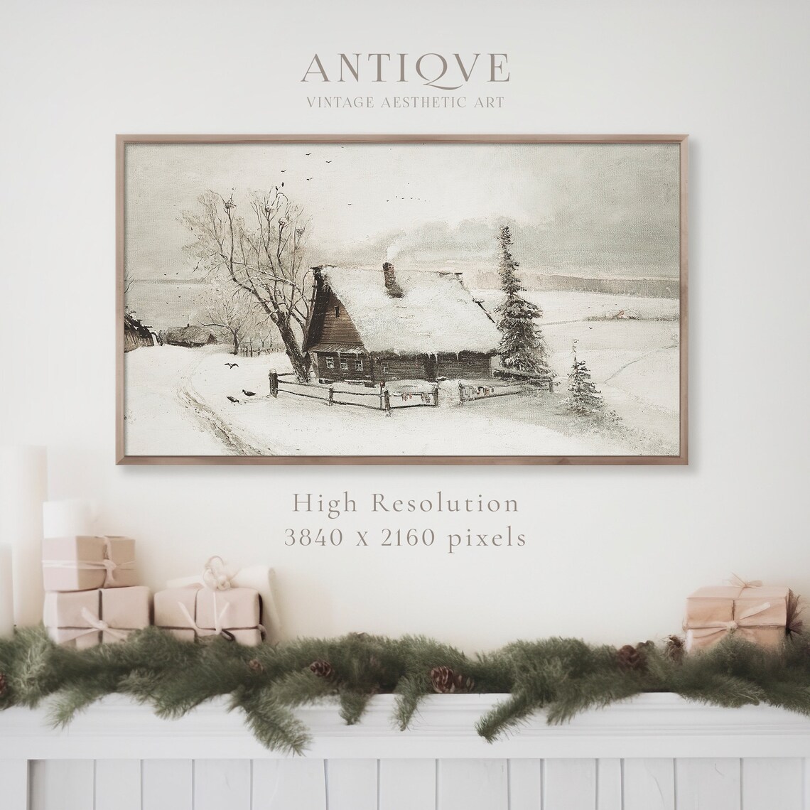 Vintage Winter Landscape Cabin in the Snow Art Print - Image 4