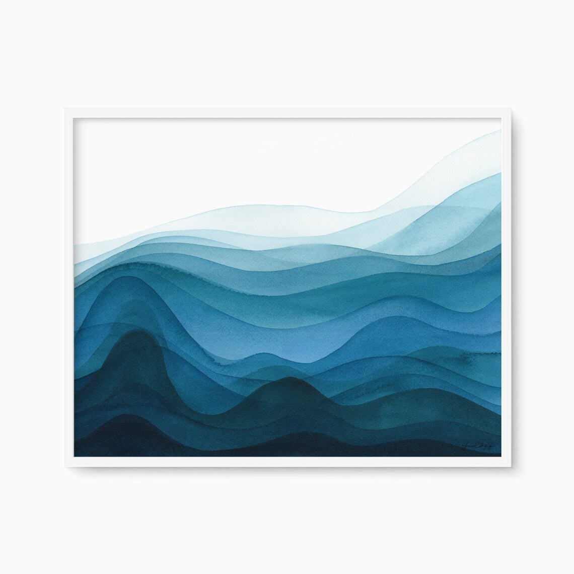 Abstract Indigo Ocean Waves Layered Watercolor Modern Art Poster