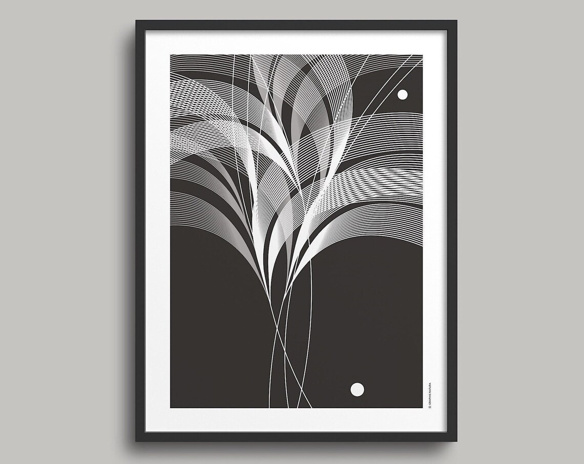 White Palm Frond Line Art on Charcoal Modern Botanical Poster