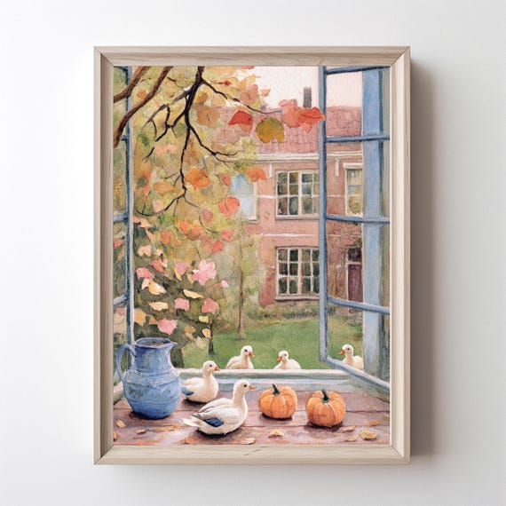 Duck With Pumpkin Fall Print Cozy Cottage Farmhouse Decor Rustic