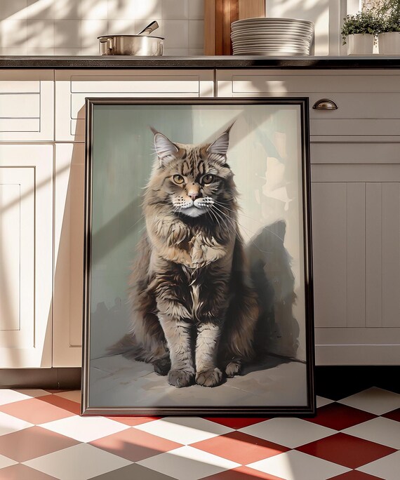 Mainecoon Cat Portrait, Farmhouse Decor Gift