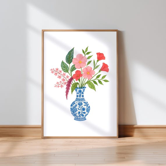 Pink Floral Watercolor Print Chinoiserie Blue Vase Botanical