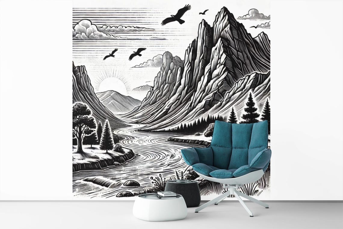Mountain Wall Art Vintage Nature Print Black White Landscape Illustration Download - Image 3